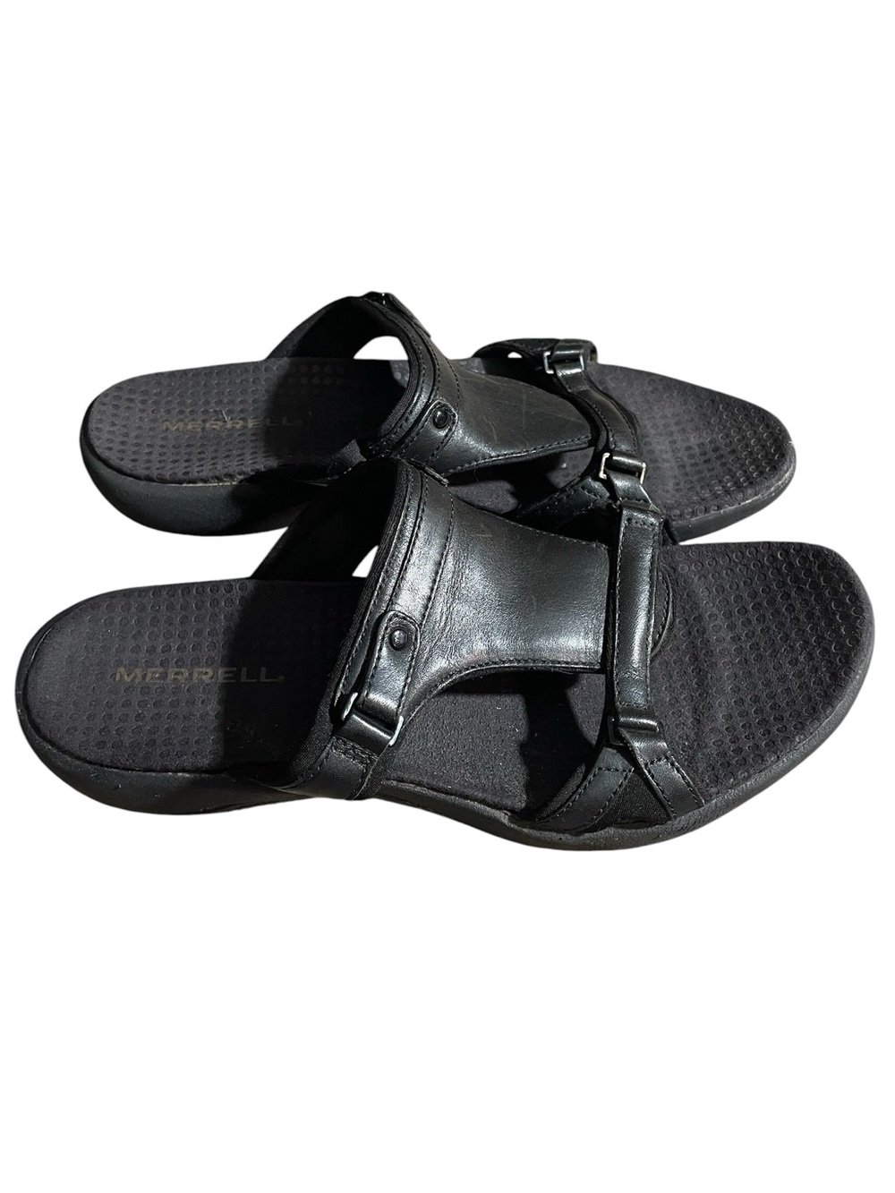 Y9- Merrell size 7 Black Leather Slide Sandals - Picture 2 of 4